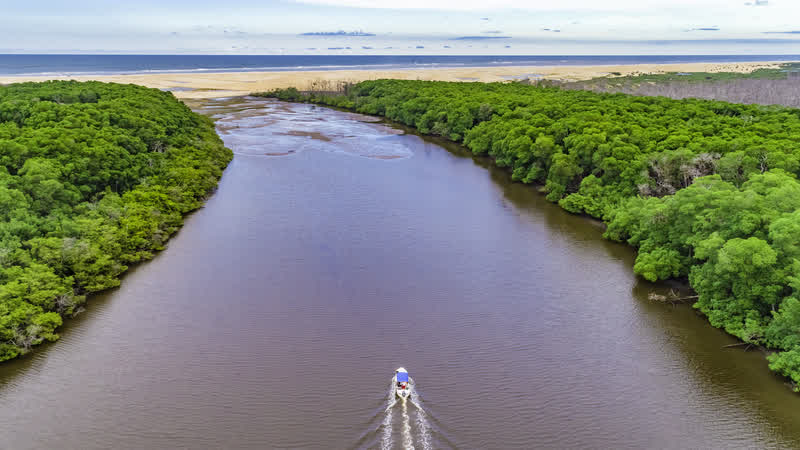 Vista aérea de um barco navegando por um rio largo cercado de manguezais, com o mar ao fundo